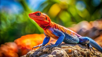 Fototapeta premium Red Headed Rock Agama Lizard, Watamu, Kenya - Miniature Tilt-Shift Photography