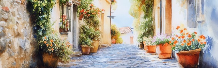 Charming cobblestone street lined with flower pots in a picturesque village under a clear blue sky