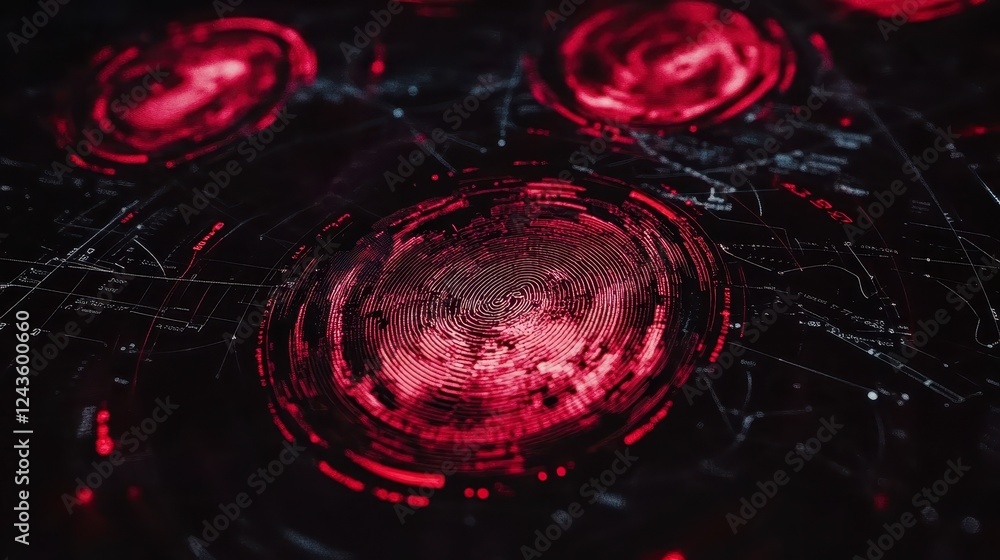Poster abstract digital artwork featuring glowing red and white circles and particles on a dark background.