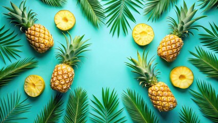 Fototapeta premium Tropical Pineapple and Palm Frond Flat Lay Design for Summer