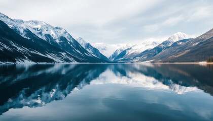 Serene Lake with Reflections of Snow-Capped Mountains