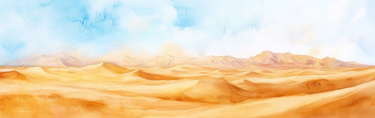 Naklejka premium Golden desert landscape with watercolor sky and soft dunes at sunrise