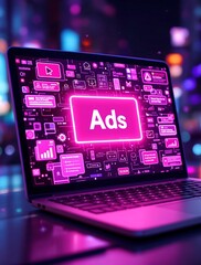 Fototapeta premium Laptop Screen Displaying Ads and Marketing Interface