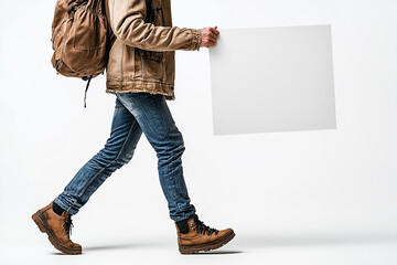 Individual walking with blank sign studio setting portrait minimalist subjective perspective