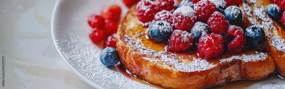 Aufkleber close-up view of delicious french toast topped with fresh berries and powdered sugar served on a whi