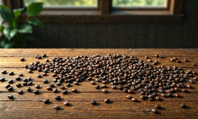Obraz premium Wooden table with scattered coffee beans on surface, table top, morning atmosphere, coffee beans