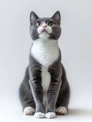 Obraz premium Adorable Gray Cat with White Chest Sitting Upright Against a Light Background, Capturing the Essence of a Curious and Playful Feline Companion