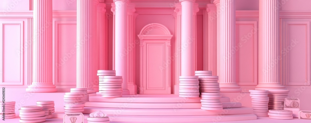 Poster a vibrant pink architectural scene featuring tall columns and stacked elements, creating a whimsical