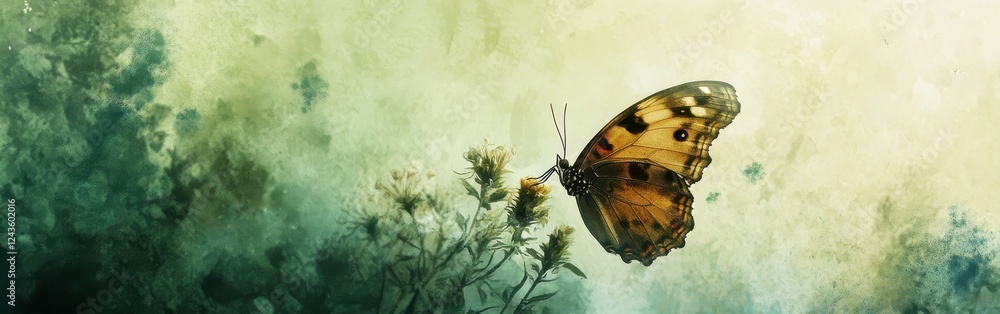 Poster close-up view of a butterfly resting on delicate flowers against a soft watercolor background with v