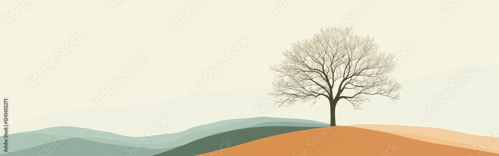 Poster soft silhouette of a single tree on a hill during twilight with distant mountains in the background
