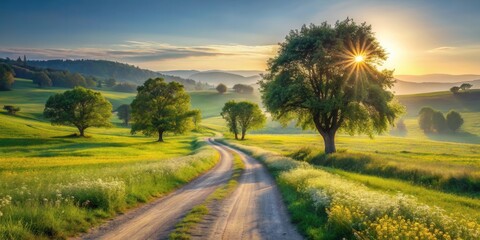 Serene Sunrise Over Rolling Hills and a Winding Country Road