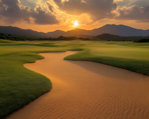 Fototapeta premium serene landscape featuring rolling hills, winding river, and sunset