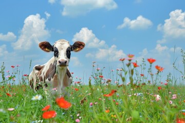A curious cow stands in a vibrant field of wildflowers under a bright blue sky with fluffy clouds.