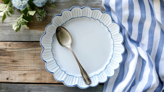 Rustic Table Setting with Elegant White and Blue Plate - Powered by Adobe