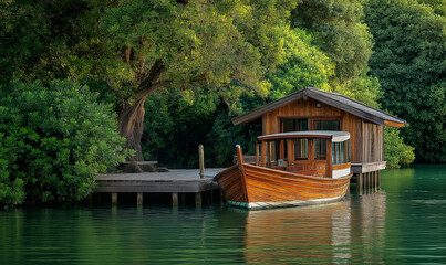 Obraz premium Classic Wooden Boat Docked by a Vintage Pier on a Calm River, Evoking a Sense of Nostalgia