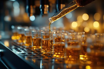 Close-Up of Whiskey Being Poured into Glasses at a Bar with Warm Ambient Lighting and Reflections
