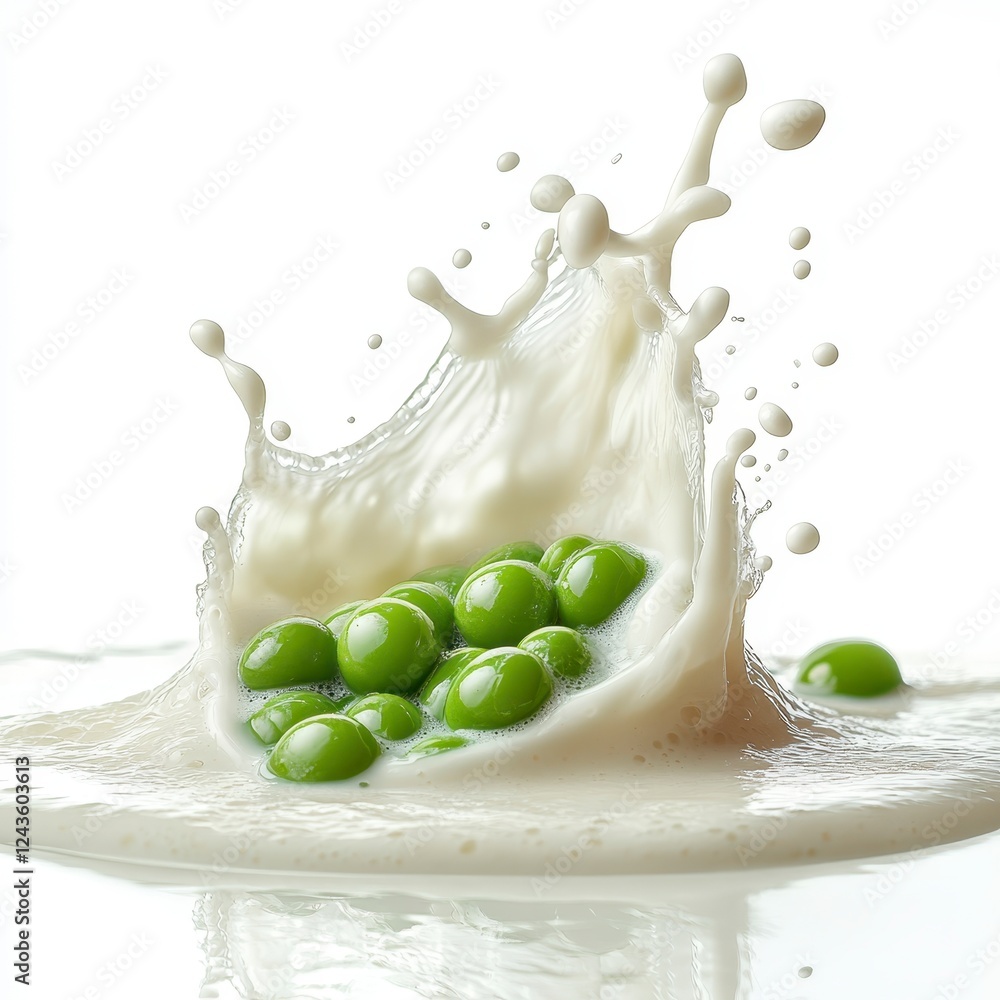 Poster fresh green peas splashing into creamy white liquid, creating a vibrant and dynamic image. the peas 