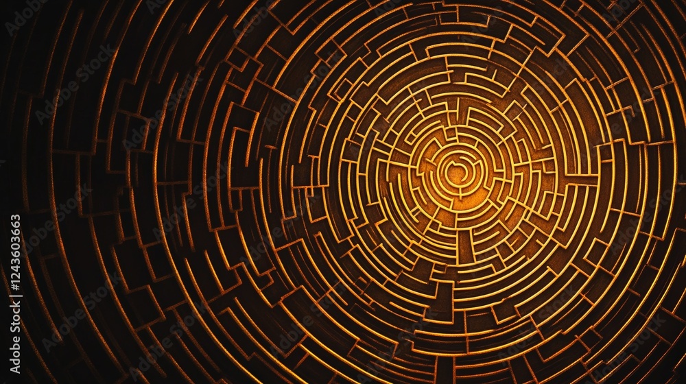 Poster Golden labyrinth representing the complexities of decision making, featuring intricate paths and the challenge of navigating uncertainty and fear of missing better options