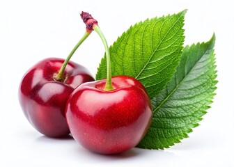 Ripe Red Cherries with Leaf Isolated on White Background - Perfect for Food, Drink, and Summer Stock Photos
