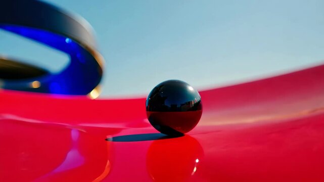 A playful close-up of a black marble rolling down a bright red curved track against a vibrant blue background, capturing energy and movement.