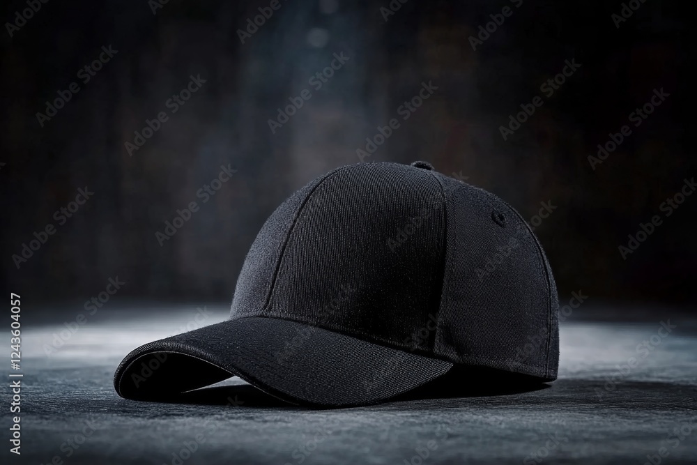 Poster a classic black baseball cap is elegantly displayed on a simple background, emphasizing its timeless