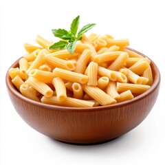 Freshly Cooked Pasta in a Brown Wooden Bowl with Green Basil Leaf on a White Background