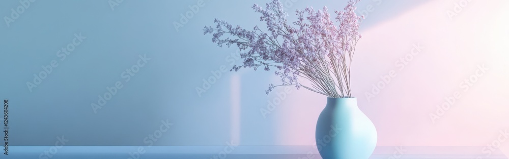 Poster soft gradient fills a serene setting with a vase of delicate flowers during early morning light