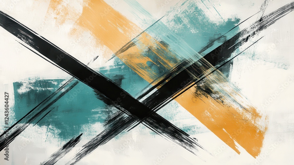 Poster Muted amber and teal abstract strokes create dynamic visual contrast on a textured canvas