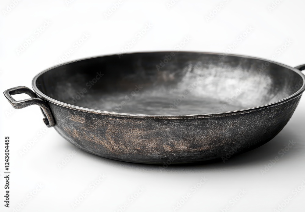Poster a dark gray handcrafted frying pan with two small handles sits on a white background. the pan shows 