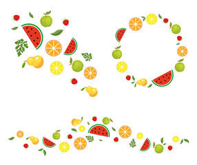 Frames and patterns from colored, sweet, ripe fruits on a white background