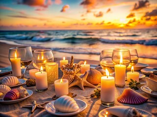 Romantic Ocean Dinner Date: Candlelit Table Setting on Sandy Beach at Sunset, Macro Detail of Seashells and Sand