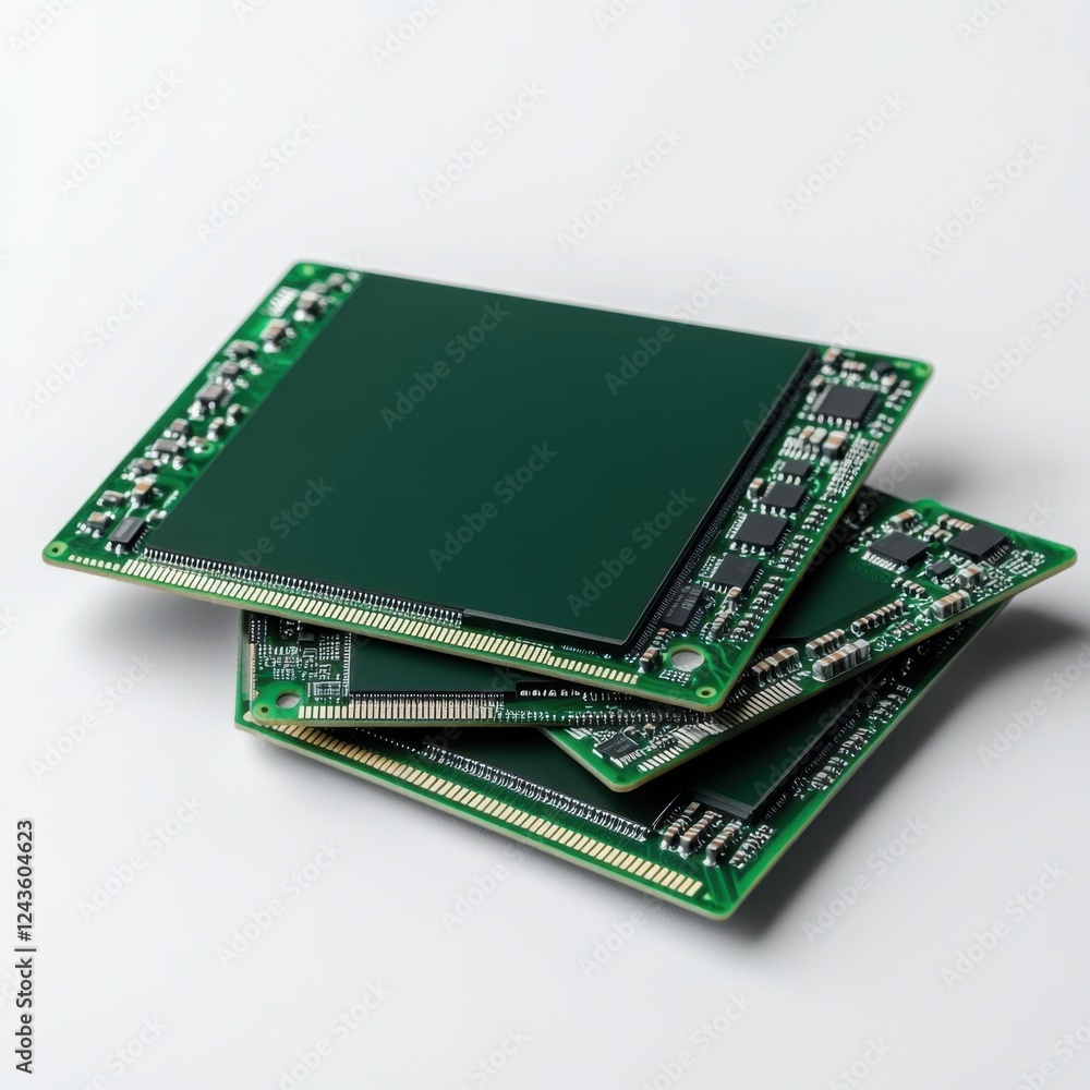 Poster stack of circuit boards with green surface and microchips in contemporary technology background