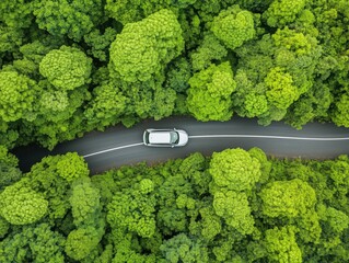 Aerial view of car driving through a lush green forest.