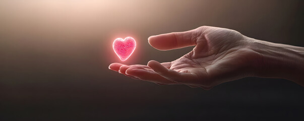 hand holding glowing heart symbol, representing love and care