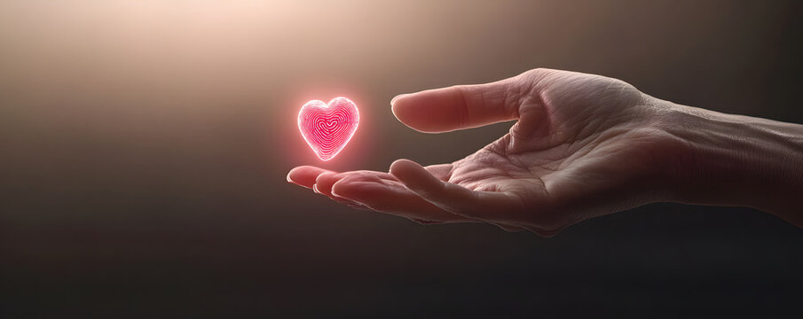 hand holding glowing heart symbol, representing love and care