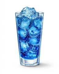 Refreshing blue drink with ice cubes in a tall glass against a white background. Cool and vibrant summer beverage