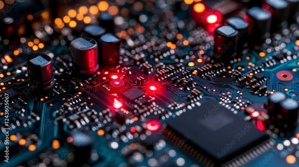 Poster close up view of a circuit board with glowing red lights illuminating various components. intricate 