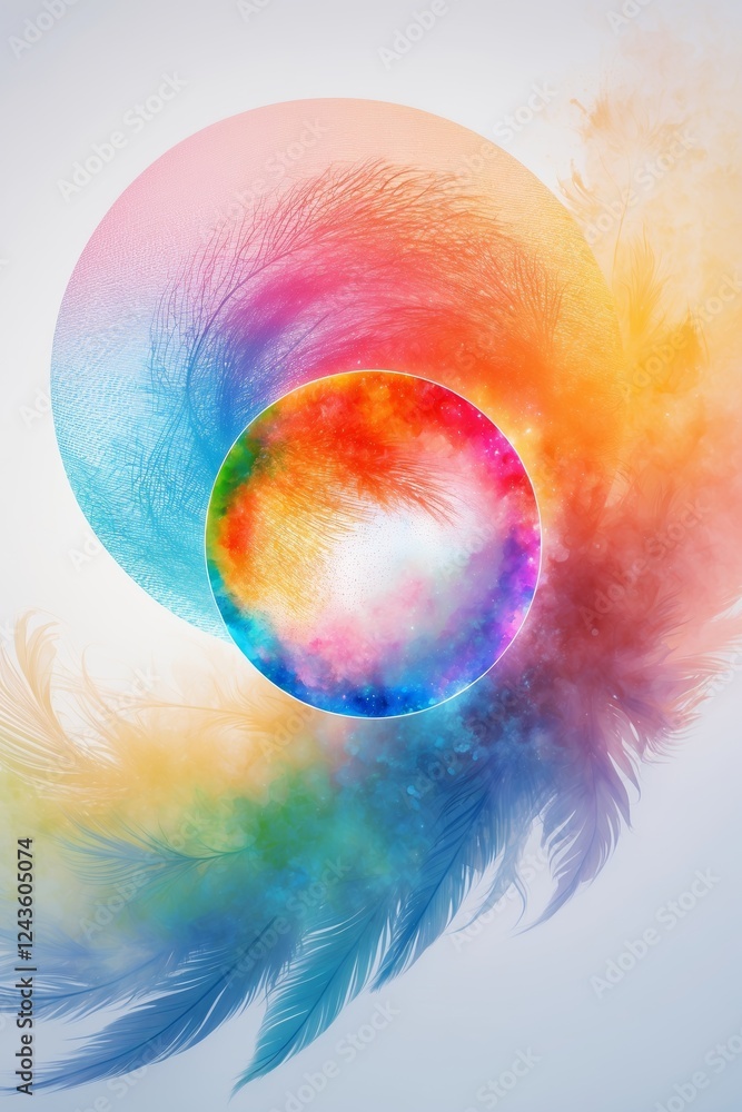Poster colorful abstract shapes intertwined with feather-like textures create a vibrant visual experience i