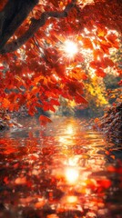 Reflective water under a canopy of fiery red leaves at sunset in a tranquil setting