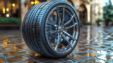 Chrome Wheel and Tire Resting on Wet Pavement