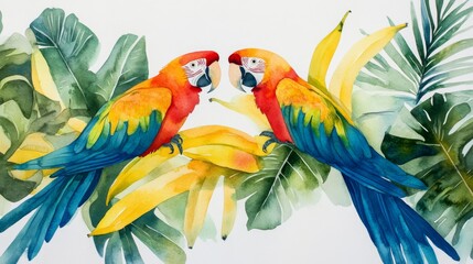Fototapeta premium Two Colorful Parrots in a Tropical Paradise Watercolor Painting