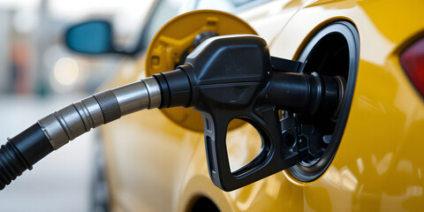 Obraz premium Black Fuel Nozzle in Yellow Car's Fuel Tank with Metallic Tip and Open Fuel Cap