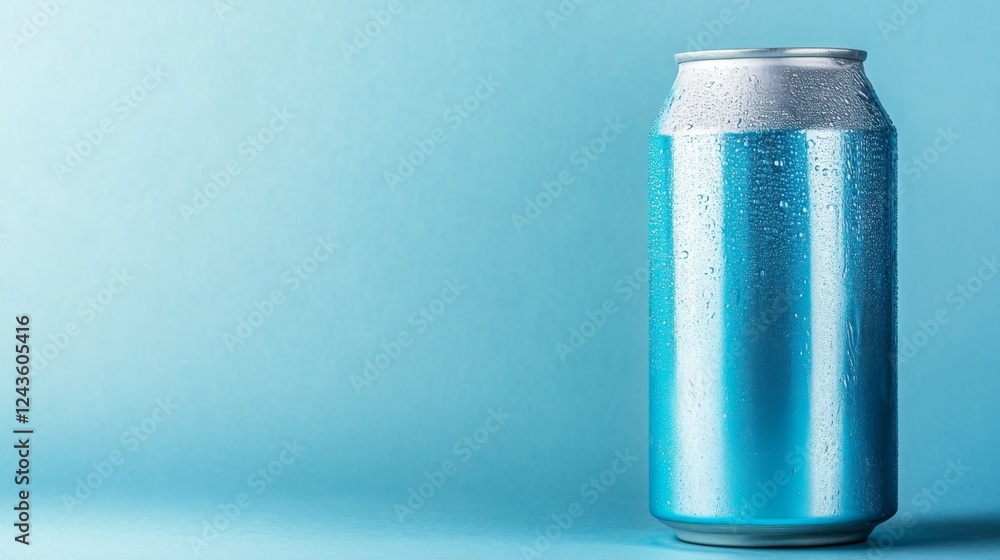 Poster a 330 ml aluminum soda can displays a matte silver finish against a pastel blue backdrop. soft shado