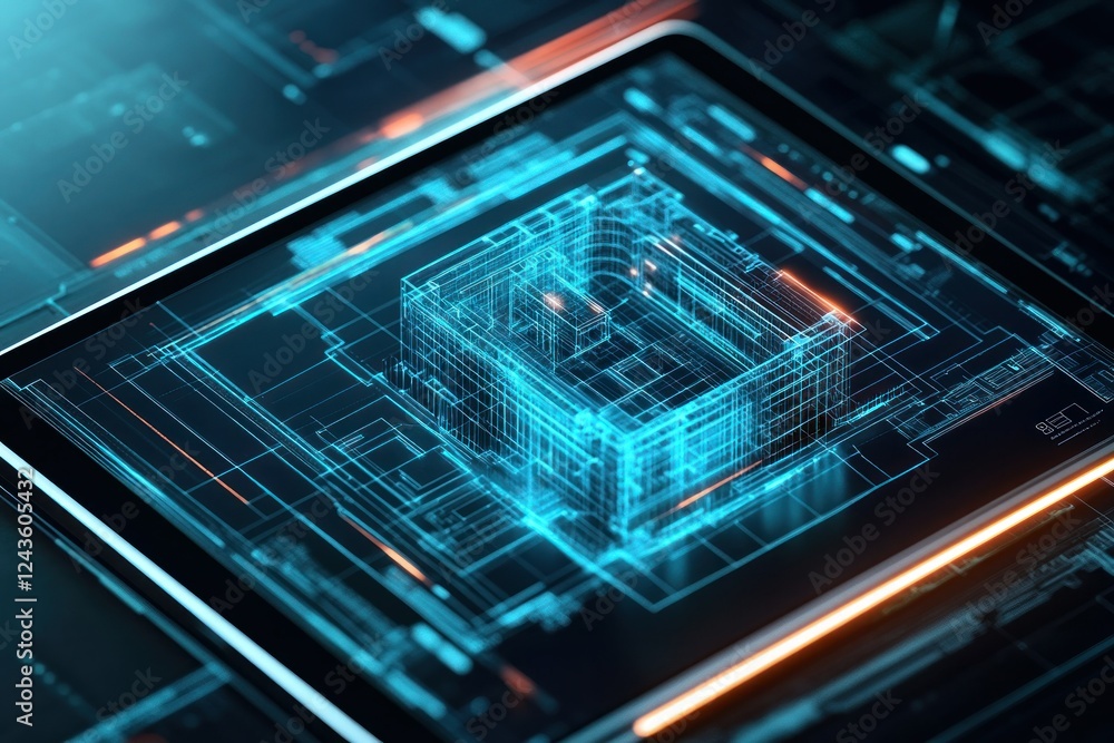Poster futuristic digital blueprint model on tablet screen with neon elements and high-tech circuitry