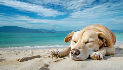 Peaceful Beach Scene with Sleeping Dog Wallpaper Background