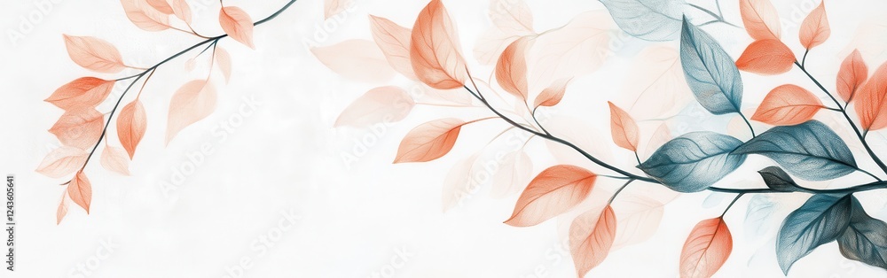 Poster pastel-toned branches with delicate peach and powder leaves gently swaying in a serene setting