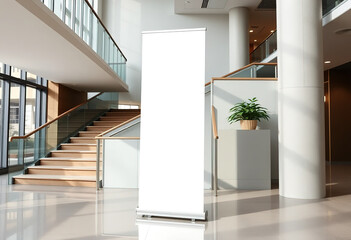White Blank roll-up banner template standing in lobby side stairs. Blank advertisement mockup in business space, Commercial pull-up display, for add cover