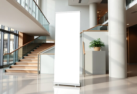 White Blank roll-up banner template standing in lobby side stairs. Blank advertisement mockup in business space, Commercial pull-up display, for add cover