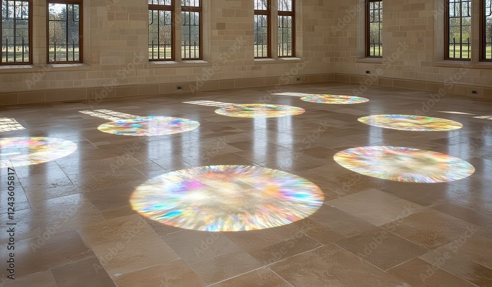 Poster light projections create colorful, iridescent circles on a stone floor inside a large hall with many