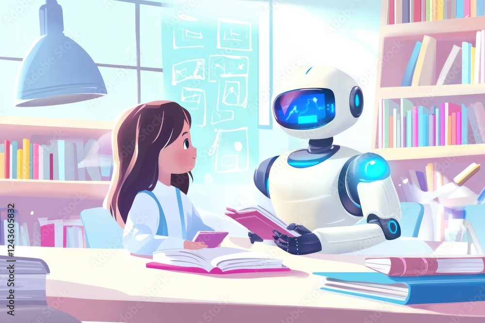 Poster child engages with robot in modern library setting, showcasing future of learning